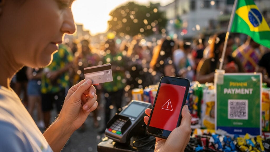Tourist at Brazil Carnival with declined card payment - phone showing error while holding credit card at street vendor